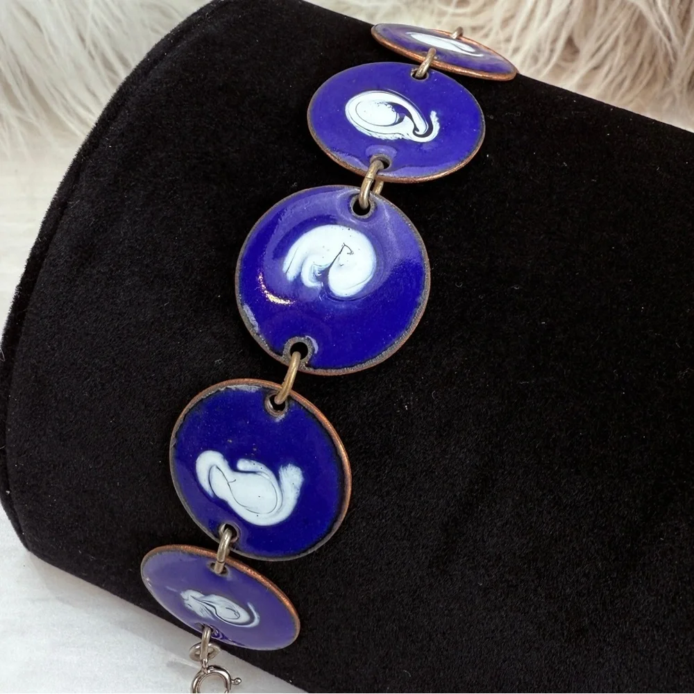 Vintage Cobalt Blue Abstract Disc Bracelet White Motif Articulated Statement